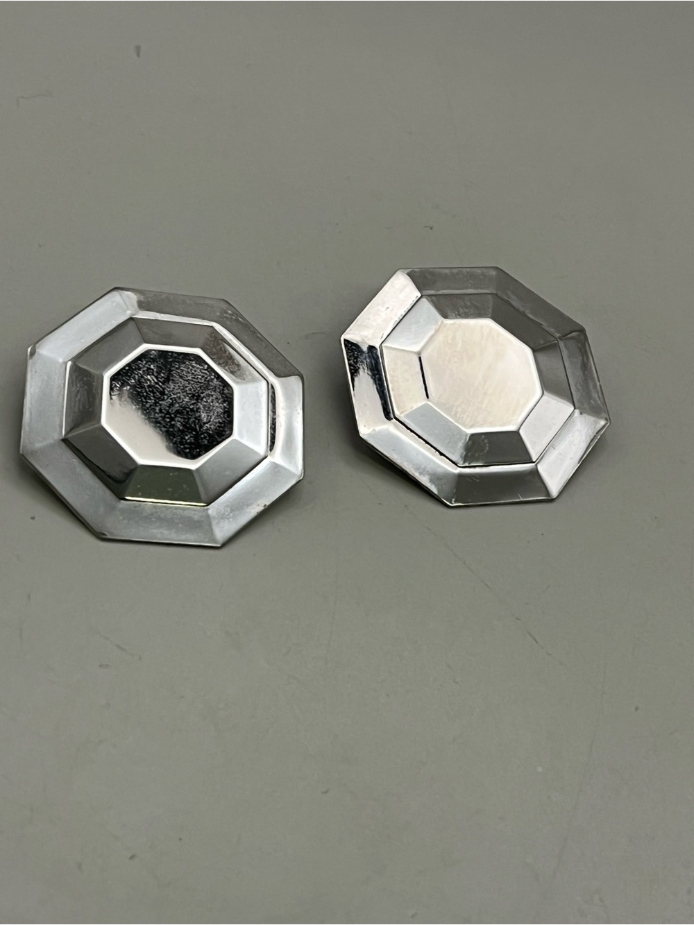 Vintage 80s 90s Silver Tone Octagon Stud Earrings | Geometric FacetedStatement